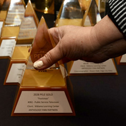 A hand reaches for a pyramid-shaped glass award labeled 2016 Pele Gold. Several similar awards are arranged closely together on a dark surface in the background.
