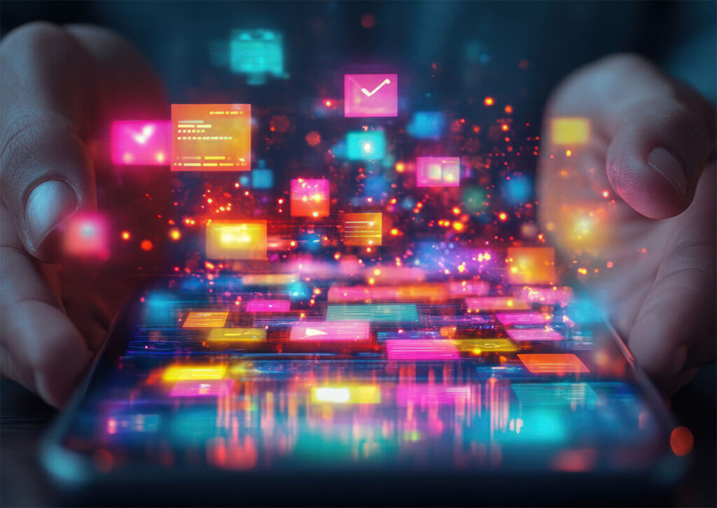 A person’s hands hold a smartphone with colorful, glowing digital icons and data visuals appearing to float above the screen, symbolizing technology, apps, and digital information.